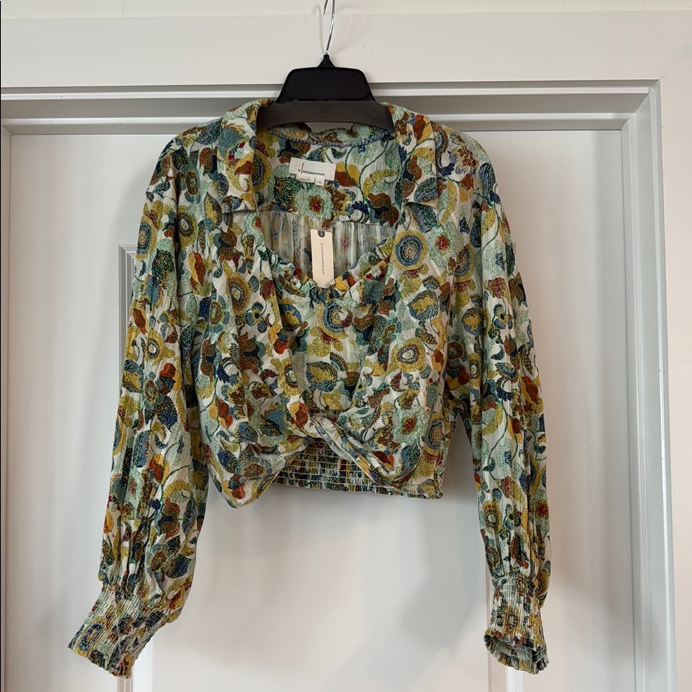 Anthropologie Green and Brown Ruffled Crop Blouse